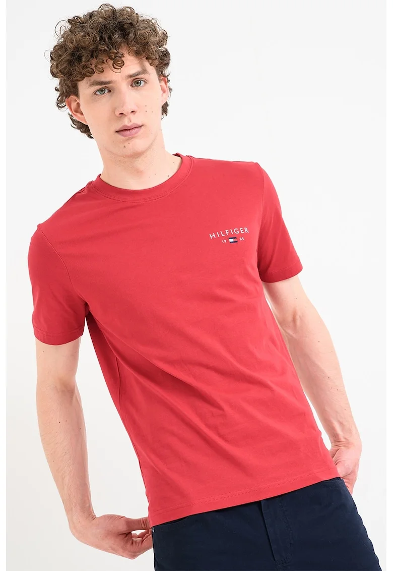 Tricou cu decolteu la baza gatului si imprimeu logo, Rosu