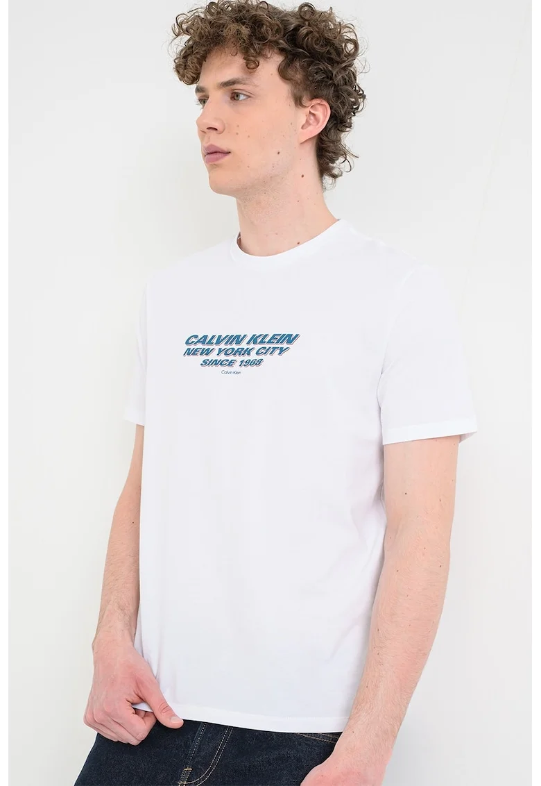 Tricou cu decolteu la baza gatului si imprimeu, Alb
