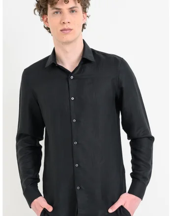 Camasa slim fit din amestec de lyocell si in, Negru