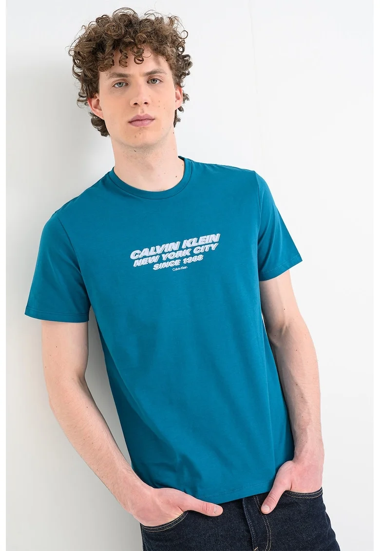 Tricou cu decolteu la baza gatului si imprimeu, Albastru