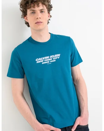 Tricou cu decolteu la baza gatului si imprimeu, Albastru