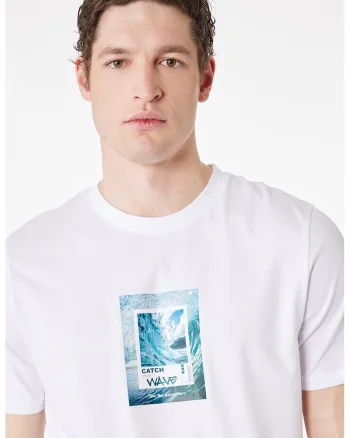 Tricou cu decolteu la baza gatului si imprimeu grafic, Alb