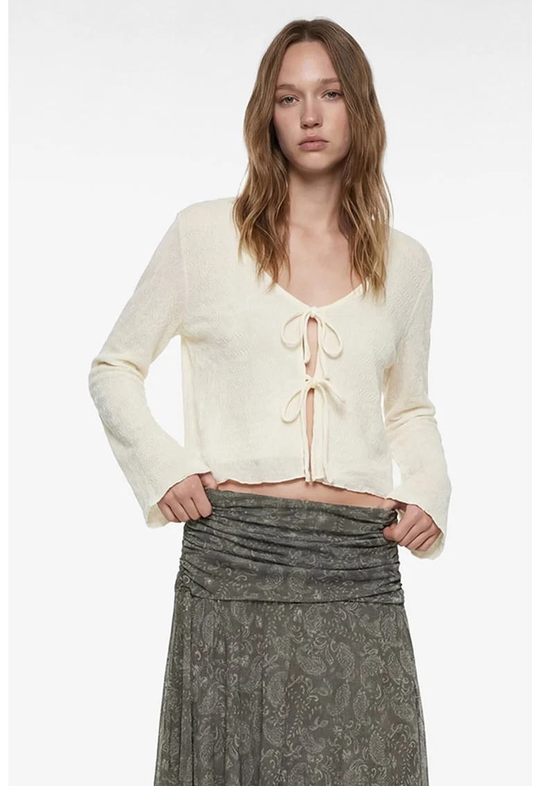 Bluza crop cu decolteu in V, Crem