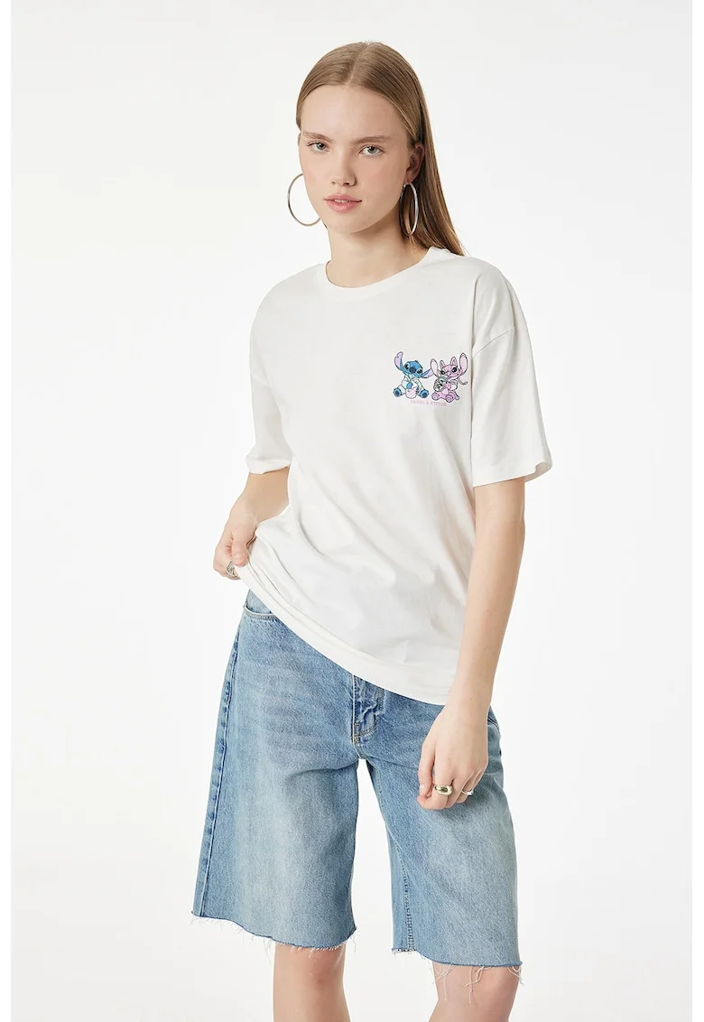Tricou lejer cu imprimeu Stitch & Angel, Alb