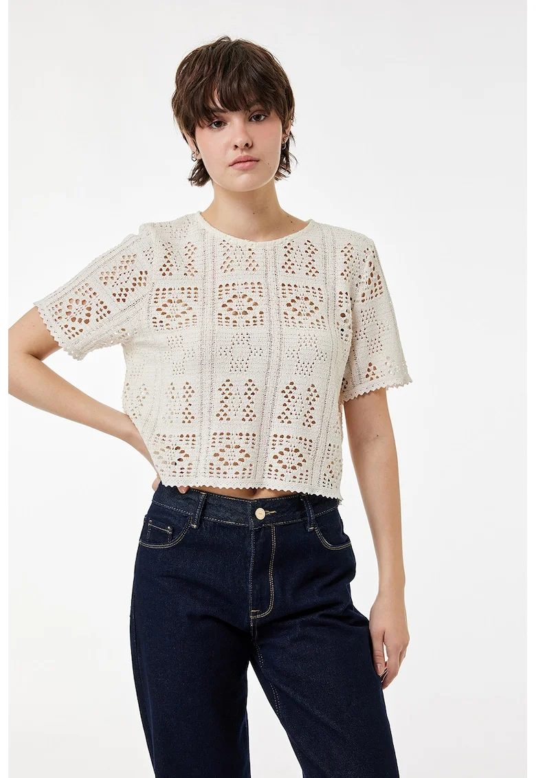 Bluza crop crosetata, Alb murdar