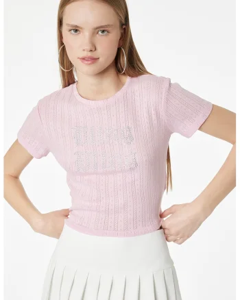 Tricou striat cu text cu strasuri, Roz pal