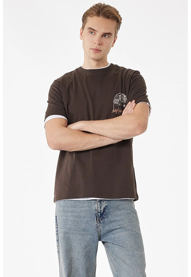 Tricou de bumbac cu imprimeu grafic pe spate, Maro