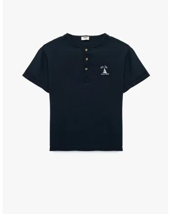 Tricou de bumbac cu fenta cu nasturi, Albastru ultramarin
