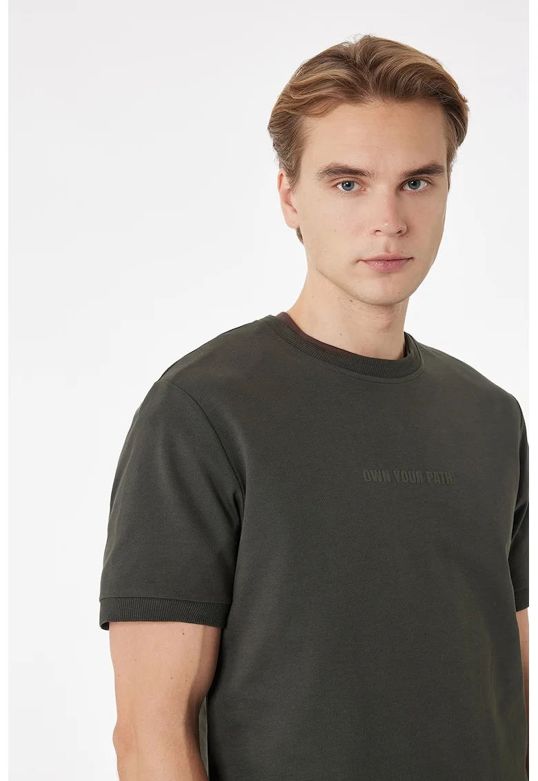 Tricou de bumbac cu decolteu la baza gatului, Kaki