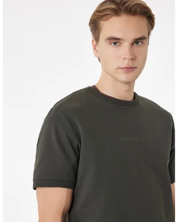 Tricou de bumbac cu decolteu la baza gatului, Kaki