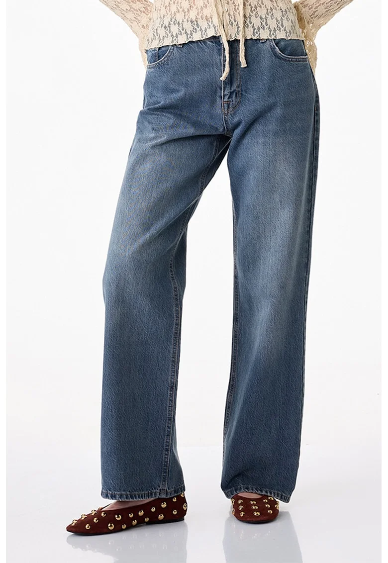 Blugi relaxed fit cu aspect decolorat, Albastru inchis