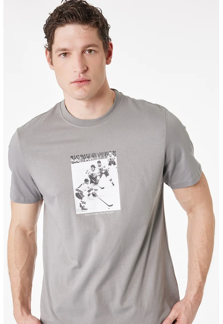 Tricou cu imprimeu foto si maneci cazute, Gri cenusiu