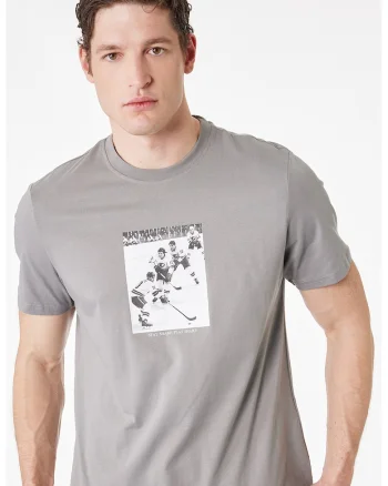 Tricou cu imprimeu foto si maneci cazute, Gri cenusiu