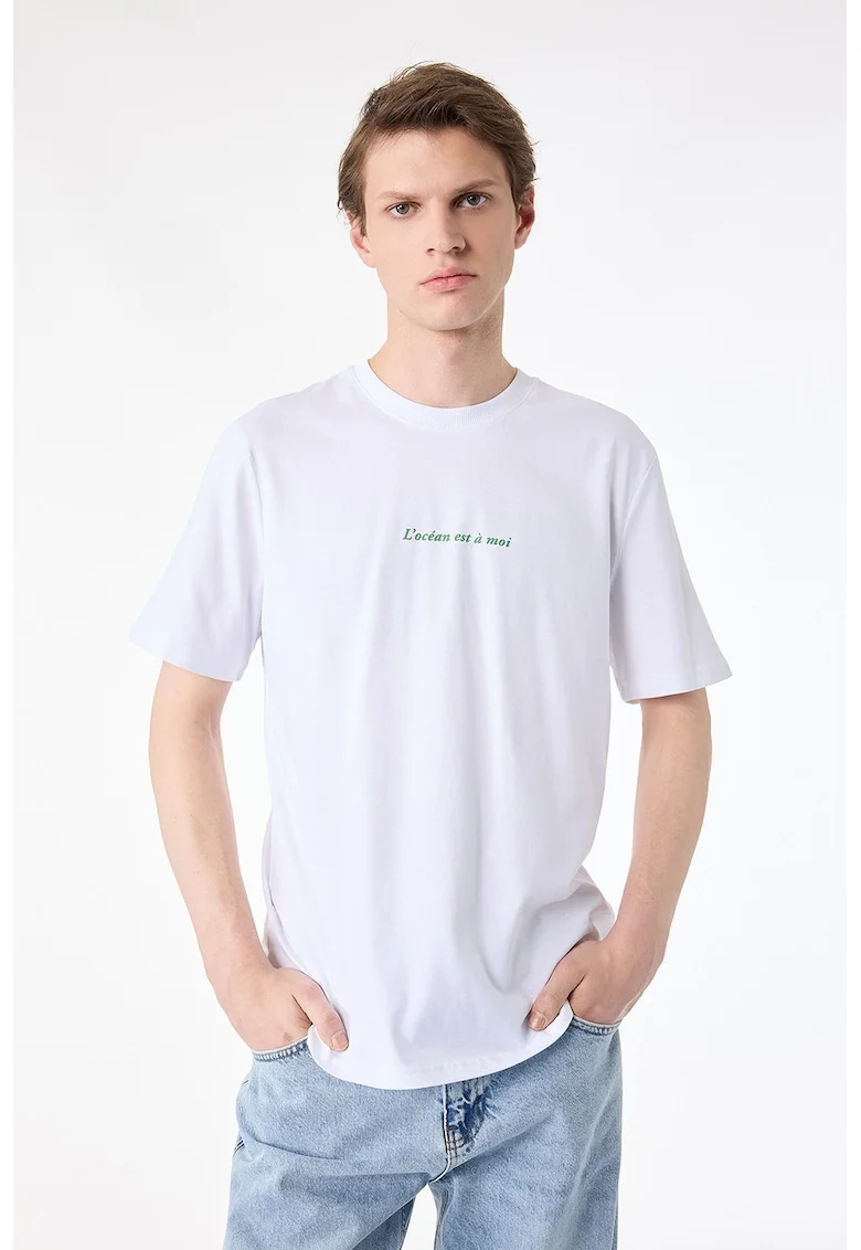 Tricou supradimensionat cu text si foto, Alb