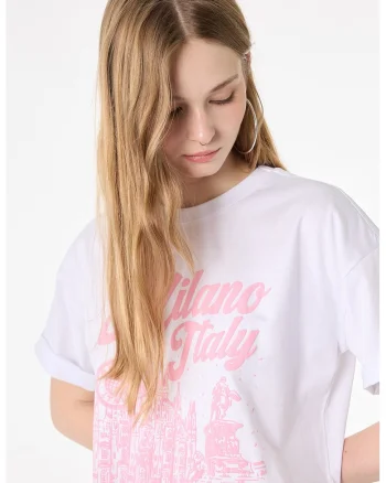 Tricou de bumbac cu imprimeu text, Roz pastel/Alb optic