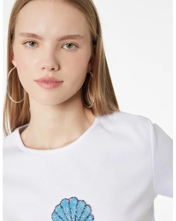 Tricou de bumbac cu margele, Albastru pastel/Alb optic