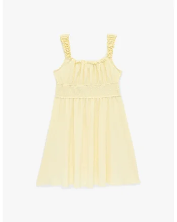 Rochie cu decolteu patrat si insertie elastica in talie, Galben pal