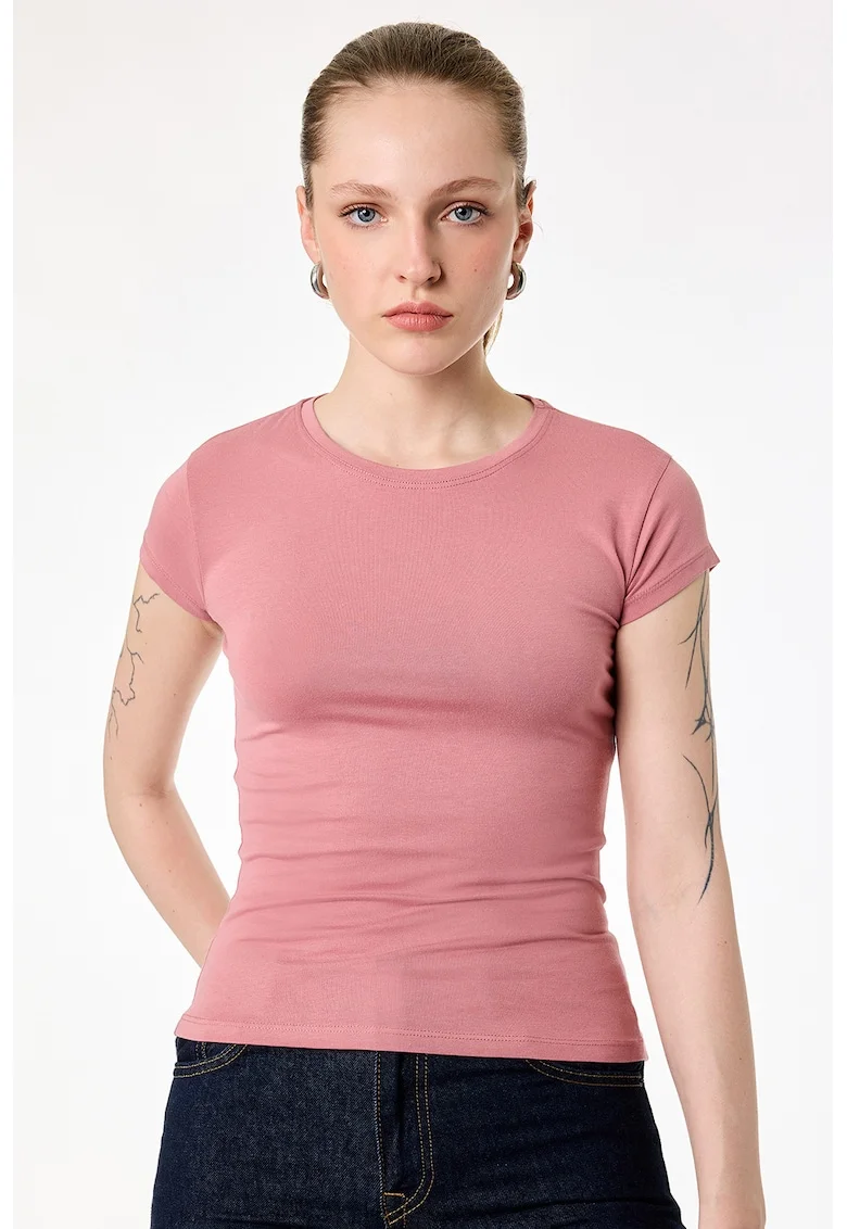 Tricou slim fit cu decolteu la baza gatului, Roz pastel