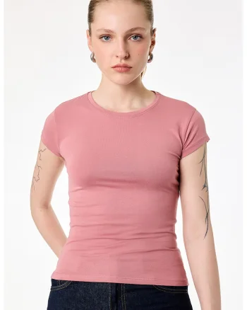 Tricou slim fit cu decolteu la baza gatului, Roz pastel