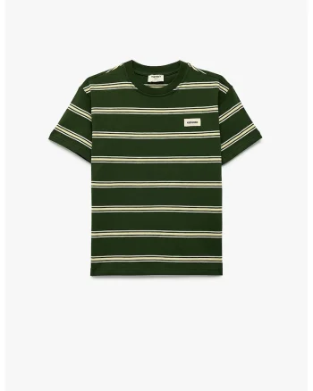 Tricou cu decolteu la baza gatului si dungi, Verde padure/Crem