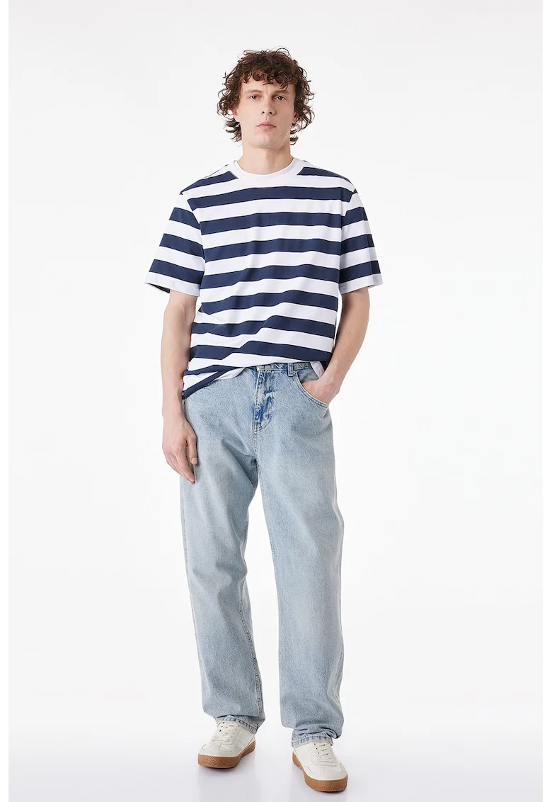 Tricou de bumbac cu dungi, Alb optic/Bleumarin