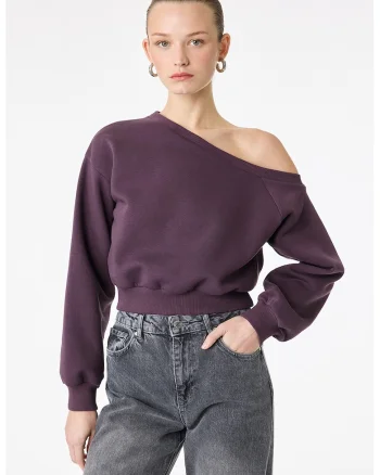Bluza de trening crop cu decolteu pe un umar, Violet tyrian