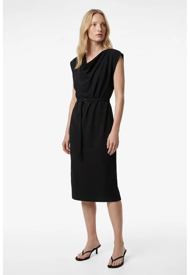 Rochie midi cu decolteu drapat, Negru