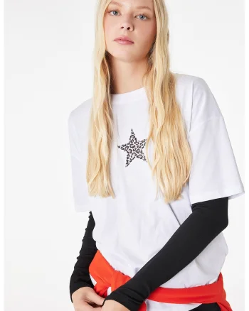 Tricou lejer cu maneci cazute, Alb/Maro