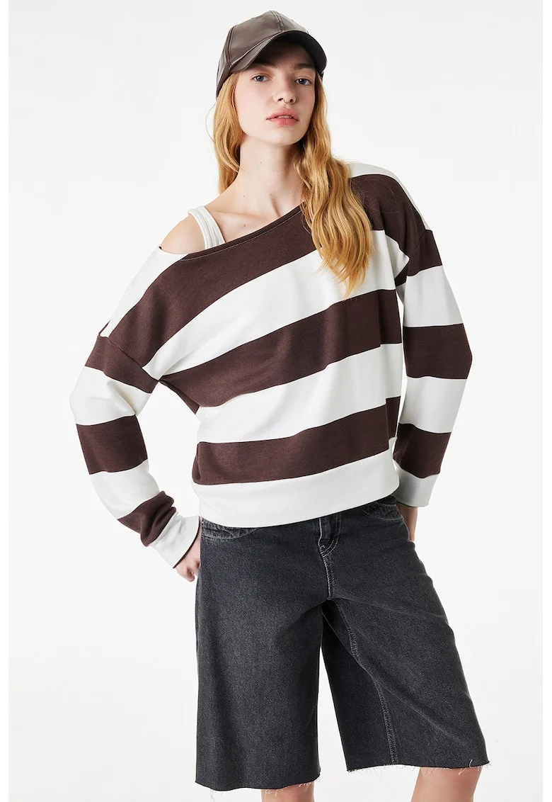 Bluza de trening din amestec de modal cu dungi, Alb/Maro