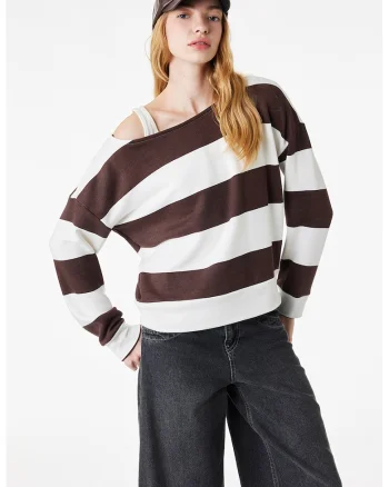 Bluza de trening din amestec de modal cu dungi, Alb/Maro