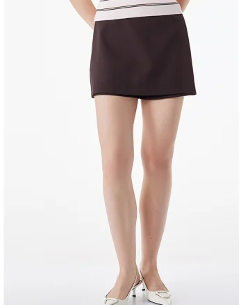 Fusta-pantalon mini uni cu talie inalta, Maro inchis