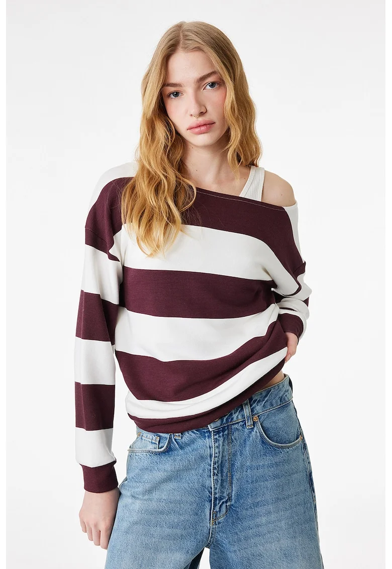 Bluza de trening din amestec de modal cu dungi, Alb/Visiniu