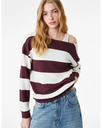 Bluza de trening din amestec de modal cu dungi, Alb/Visiniu
