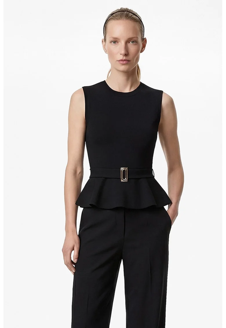 Bluza fara maneci cu terminatie plepum si curea, Auriu/Negru