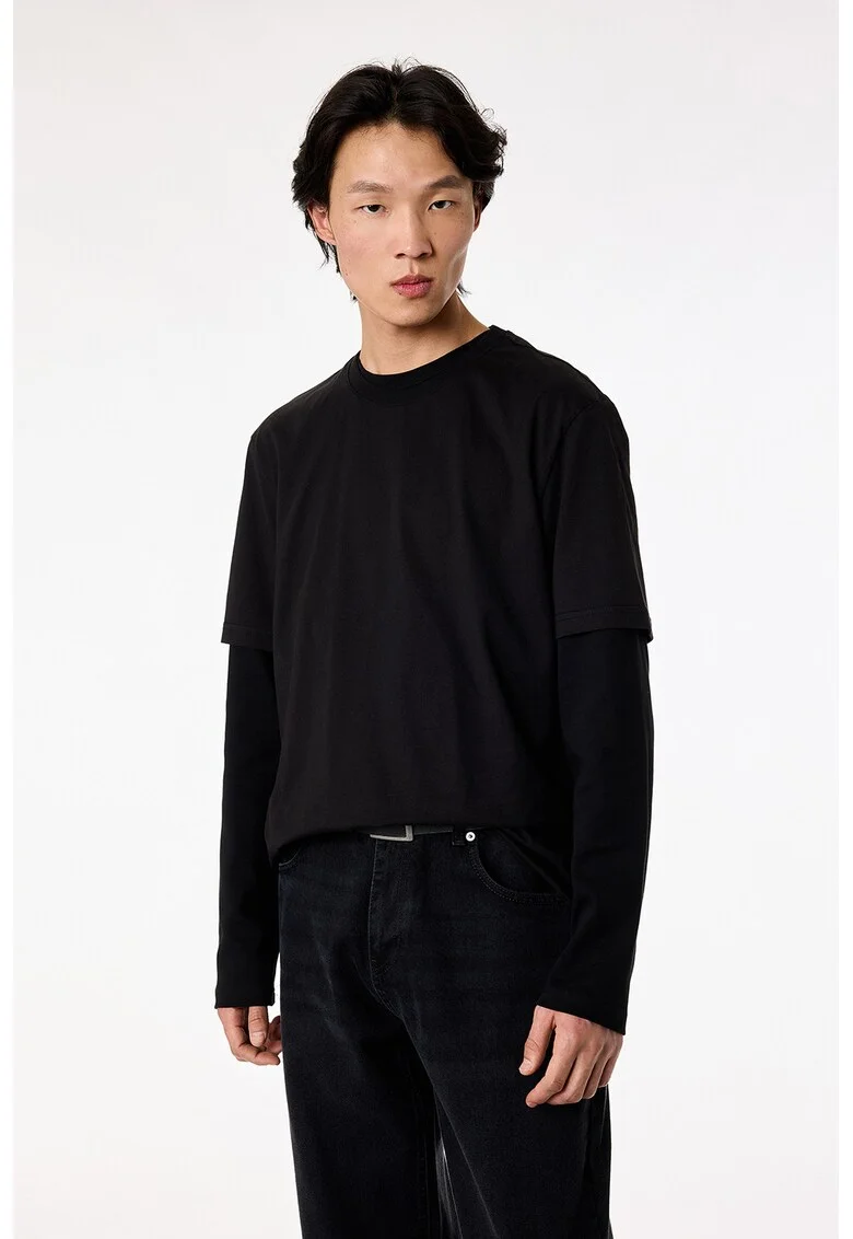 Tricou de bumbac cu decolteu la baza gatului, Negru