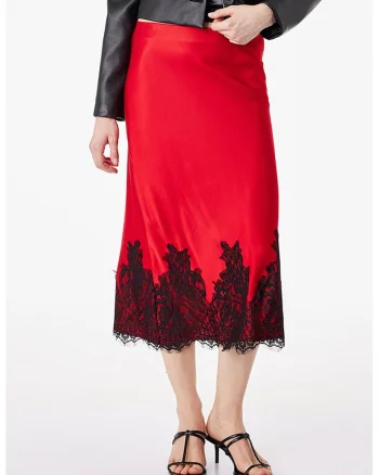 Fusta midi cu garnituri de dantela, Negru stins/Rosu vermillion
