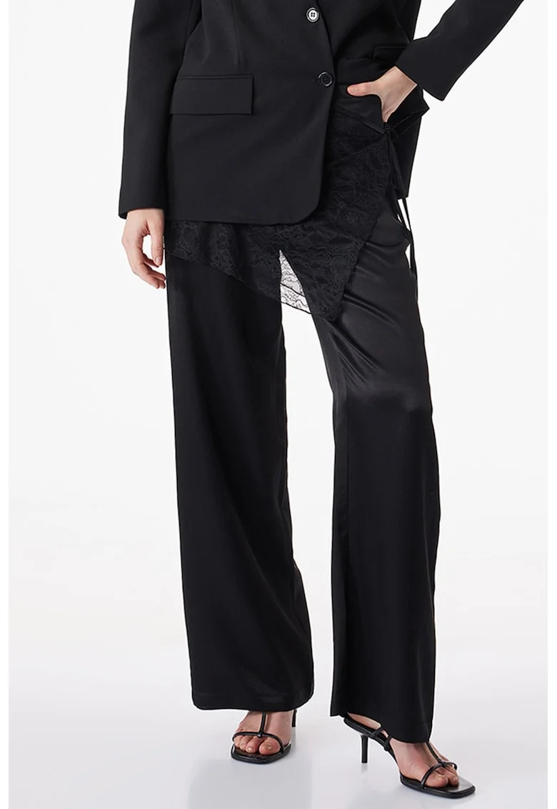 Pantaloni de satin cu detalii de dantela, Negru