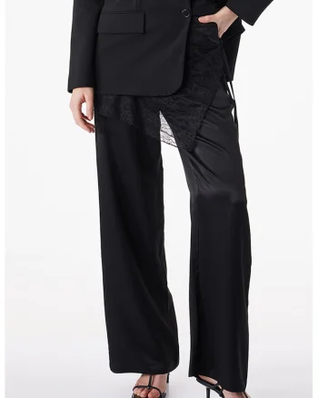 Pantaloni de satin cu detalii de dantela, Negru