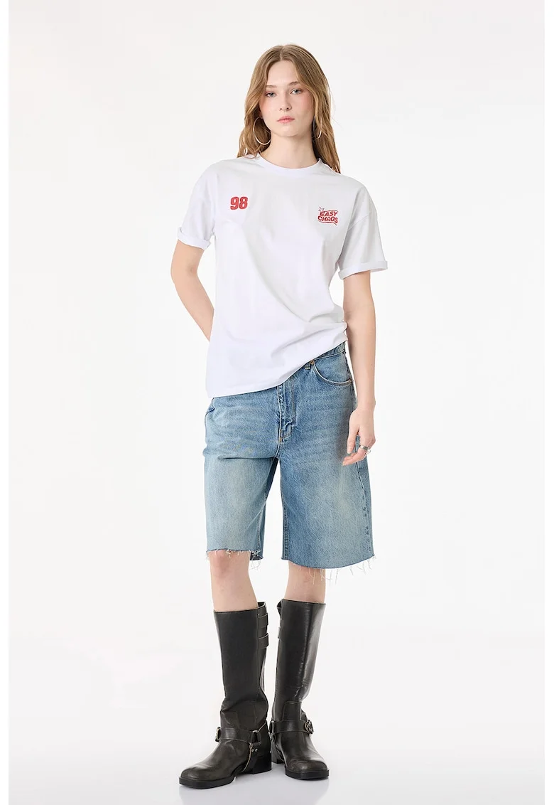 Tricou lejer cu imprimeu text discret, Rosu/Alb murdar