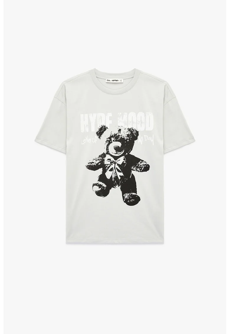 Tricou de bumbac cu imprimeu urs, Gri cenusiu