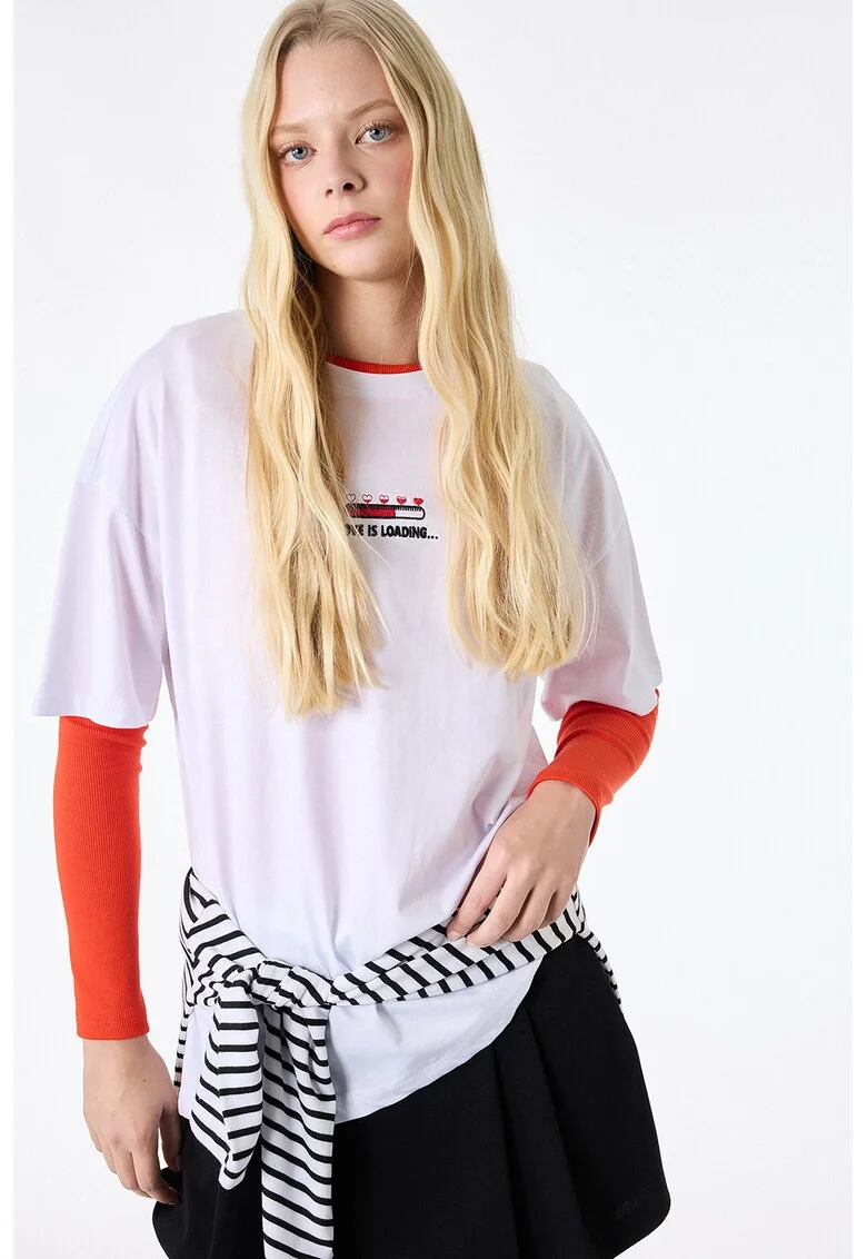Tricou lejer de bumbac cu imprimeu text, Rosu/Alb murdar