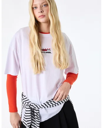 Tricou lejer de bumbac cu imprimeu text, Rosu/Alb murdar