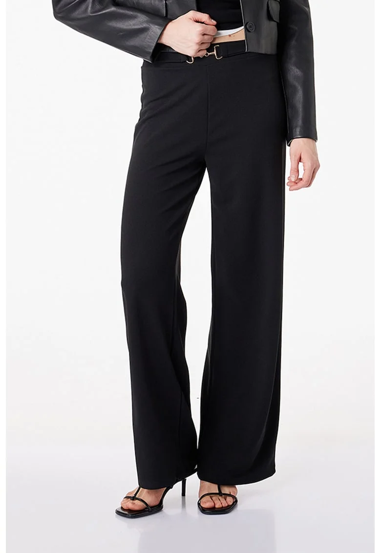 Pantaloni palazzo cu croiala ampla si o curea, Negru