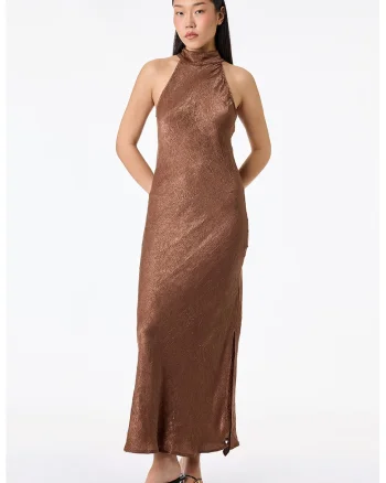 Rochie de satin fara maneci cu slit lateral, Maro scortisoara