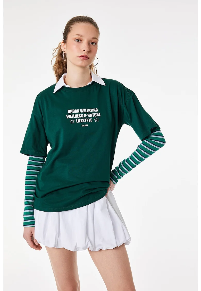 Tricou de bumbac cu imprimeu text, Verde englez