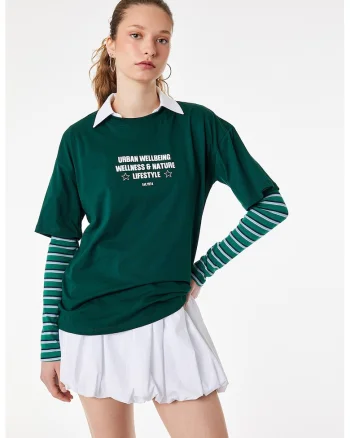 Tricou de bumbac cu imprimeu text, Verde englez