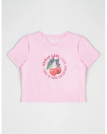 Tricou crop cu imprimeu logo, Rosu/Verde/Roz