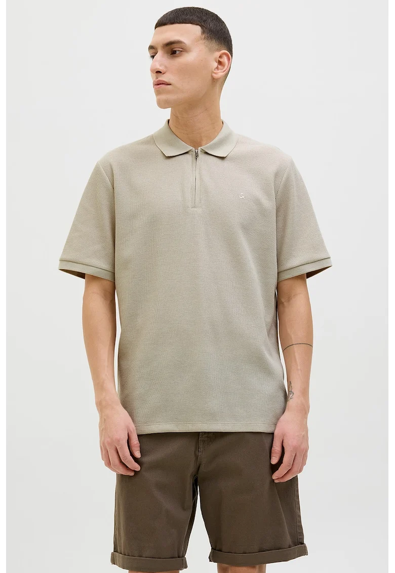 Tricou polo din amestec de bumbac organic cu fenta cu fermoar, Maro nisip