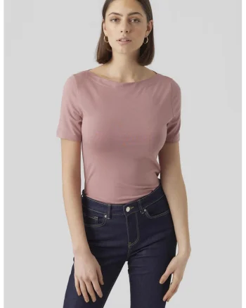 Tricou uni cu decolteu barcuta, Roz prafuit