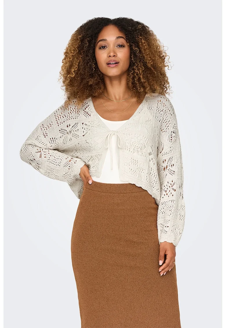 Cardigan tricotat cu insertii de bumbac, Alb fildes